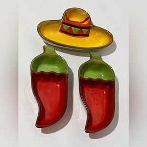 Pacific Island Creations Ceramic 2-Chili Pepper 1-Sombrero Hat Serving Dishes